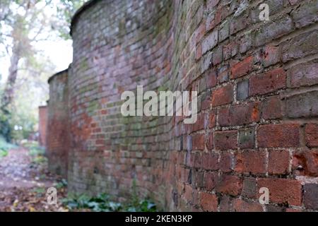 Eine ungewöhnliche, historische, krinklige Gartenwand, fotografiert in Wheathampstead, Hertfordshire, Großbritannien. Stockfoto