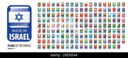 Eine Reihe von Vektor-Symbolen mit Flaggen von Ländern und mit der Inschrift hergestellt in Stock Vektor