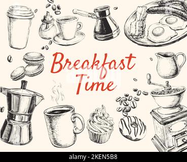 Frühstück handgezeichnetes Set Vektor-Illustration. Stock Vektor