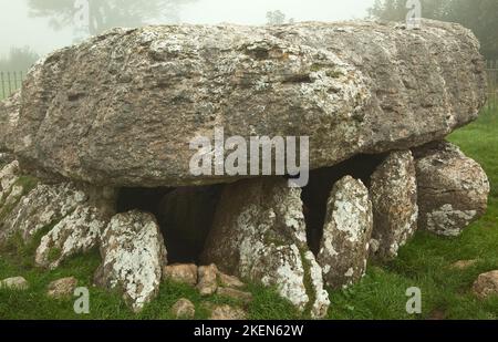 Lligwy Burial Chamber mit 25 Tonnen Capstone in der Nähe von Moelfre, auf der Isle of Anglesey, North Wales, Großbritannien, Sommer Stockfoto