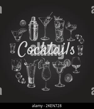 Set von Skizze Cocktails und Alkoholgetränke Vektor von Hand gezeichnet Illustration Set von Skizze Cocktails und Alkoholgetränke Vektor Hand Gezeichnete Illustration Stock Vektor