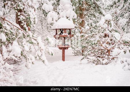 Winter, Wald, Park bedeckt mit flauschigem Schnee, kalter klarer Tag. Großer Vogelfutterhäuschen aus Holz. Vogelhilfe im Winter Konzept Stockfoto