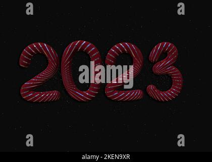 2023 3D realistische Ballons in Rot und Goldfolie auf schwarzem Hintergrund. Frohe Weihnachten und frohe Neujahrskarte 2023. 3D-Rendering Stockfoto