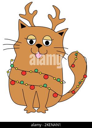 Fröhliche weihnachtskarte mit niedlicher Katze mit Rentierhörnern und Weihnachtsbaumleuchten - isolierte Illustration Stock Vektor