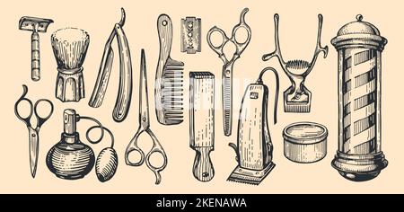 Vintage-Barbershop-Artikel. Friseur Retro-Werkzeuge zum Schneiden von Haaren, Bart und Schnurrbart. Beauty Salon Vektor-Illustration Stock Vektor