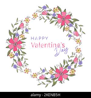 Valentinstags-Inschrift-Karte mit Kranz-Doodle rosa Blumen von Hand gezeichnet. Vektorgrafik Stock Vektor