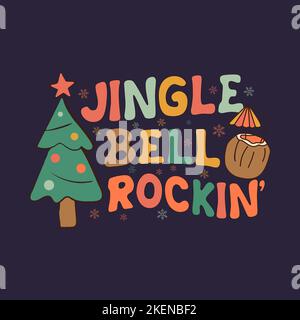 Grooviger Weihnachtsdruck mit Baum und Kokosnuss und Zitatjingle-Glocke. Retro-Weihnachtsgrafiken. Stock-Vektor-Clipart Stock Vektor