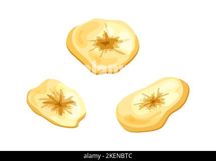Bananenchips, getrocknete Früchte, Snack. Runde isolierte Scheiben Cartoon-Stil auf weißem Hintergrund. Vektorgrafik Stock Vektor