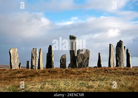 Callanish stehende Steine - der 5.000 Jahre alte Steinkreis auf der Isle of Lewis in den Äußeren Hebriden, Schottland, Großbritannien. Stockfoto