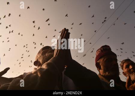 Srinagar, Indien. 11.. November 2022. Muslimische Anhänger Kaschmirs beten, während ein Priester vor seinem Schrein in Srinagar, dem von Indien kontrollierten Kaschmir, ein Relikt des heiligen Sheikh Syed Abdul Qadir Jeelani zeigt, Freitag, 11. November 2022. (Foto: Mubashir Hassan/Pacific Press/Sipa USA) Quelle: SIPA USA/Alamy Live News Stockfoto