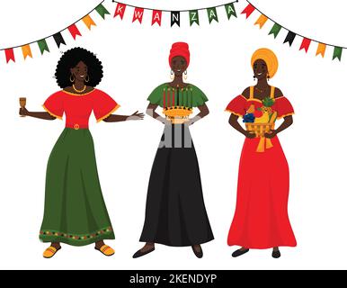 Drei junge afrikanische Frauen halten in den Händen traditionelle Symbole von Kwanzaa - Unity Cup - Kikombe Cha Umoja, Korb mit Früchten - Mazao, Candle ho Stock Vektor