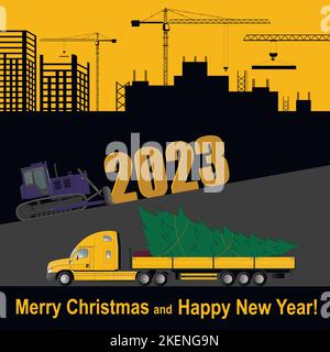 Weihnachtskarte. Der Bulldozer treibt die Zahlen des neuen 2023 an. LKW mit einem Weihnachtsbaum. Flache Vektorgrafik. Stock Vektor