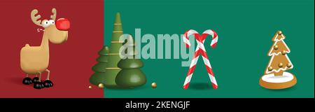 Das neue Jahr 2023 steht vor der Tür. Winter Season Holidays, Corporate Party Event Feier Landing Page Template. Set von weihnachten 3D realistische Symbole. Vektorgrafik Stock Vektor