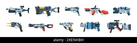 Cartoon futuristische Spielgewehr. Comic Retro außerirdischen Raum Blaster Laserwaffen Pistole Gadget, abstrakte ufo-Fiktion Handfeuerwaffe für Kinder. Vector Kollektion Stock Vektor