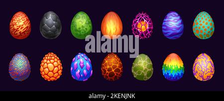 Dracheneier. Cartoon Magie Fantasy Elemente glänzende Schale für Spiel Benutzeroberfläche Design, Dinosaurier Eierschale Macht Energie Blitz. Vektorset Stock Vektor