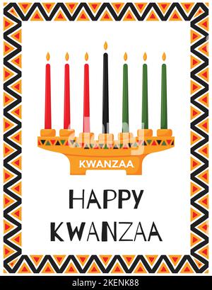 Happy Kwanzaa. Grußkarte mit traditionellem Kerzenhalter - Kinara mit 7 Kerzen, die die Prinzipien von Kwanzaa symbolisieren. Rahmen mit afrikanischem Dreieck pa Stock Vektor