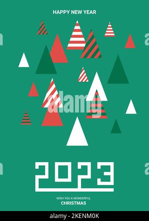 Frohe Weihnachten und ein glückliches neues Jahr 2023 von Grußkarte, Plakat, Weihnachtscover. Weihnachtsbaum, Dekorationselemente. Stock Vektor