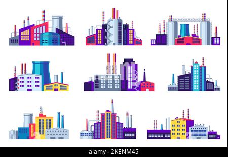 Kraftwerke und Fabriken. Elektrizität Energie Industriegebäude, Herstellung Lagerhaus Bau städtischen Fabrik Werk Symbole. Vektorgrafik Stock Vektor