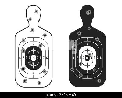 Ziel abgeschossen. Menschliche Silhouette mit runden Löchern, militärischen Requisiten in Hitmannform mit Schussauslass für das Waffentraining. Vektor Stock Vektor