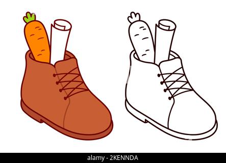Sinterklaas (St. Nikolaus) Tag Tradition, Karotte mit Brief in Schuh. Zeichentrickfilm und schwarz-weiße Linienkunst für die Färbung. Vektorgrafik Stock Vektor