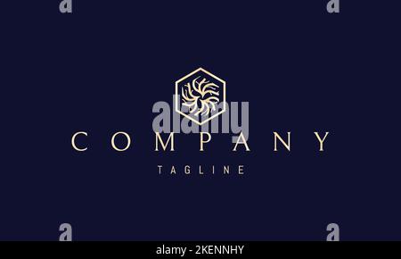 Vektor goldenes Logo, auf dem ein abstraktes Bild eines Musters von Baumwurzeln in Form eines Sechsecks. Stock Vektor