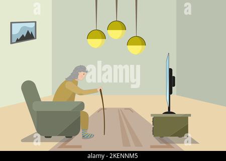 Glückliche Familie, die zu Hause Fernsehen schaut. Oma, Kind und Mann sitzen auf der Couch im Wohnzimmer flache Vektor-Illustration. Freizeit, Film, Show-Konzept Stock Vektor