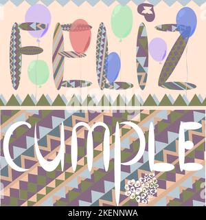 Grußkarte mit bunten Luftballons und einer Gratulationsbeschriftung auf Spanisch Happy Birthday Stock Vektor