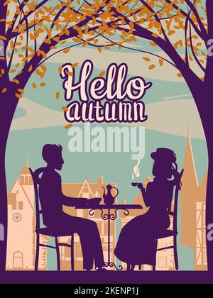 Hallo Herbstcafe, Paar am Tisch, Herbststimmung Stock Vektor