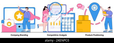 Unternehmens-Branding, Wettbewerbsanalyse, Produktpositionierungskonzept mit Menschen-Charakteren. Markenbildungspaket für Agenturen mit Vektorgrafik. Produkt bezüglich Stock Vektor