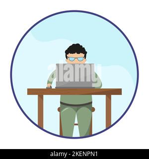 Business-Mann und Laptop. Arbeiten Sie am Computer. Vektorgrafik im Cartoon-Stil Stock Vektor