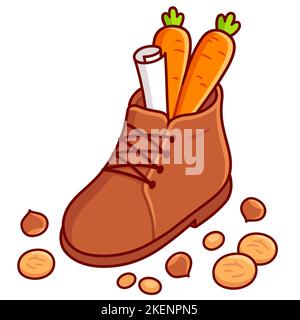 Sinterklaas (St. Nikolaus) Tag Tradition, Karotte mit Brief in einem Schuh, Pepernoot Kekse und Nüsse. Cute Cartoon Vektor Clip Art Illustration. Stock Vektor