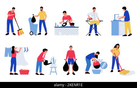 Menschen, die Hausarbeit leisten. Männer Frau Charaktere Kochen Geschirr Gießen Blumen Reinigung bis Hausarbeit erledigen. Vektorgrafik Cartoon isoliert Satz Stock Vektor