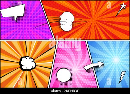 Comic-Cartoon-Seitenvorlage. Superhelden Halbton Pop Art Design, Comics Buch Hintergrund mit Sprechblasen, Vektor Poster Hintergrund Stock Vektor