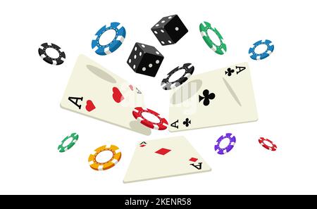 Fallende Karten und Chips. Spielen Casino Zubehör für Poker, schwimmende rote und schwarze Münzen, Geld gewinnen Glücksspiel-Konzept. Vektorgrafik Stock Vektor
