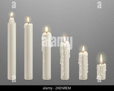 Realistische brennende Kerze brennt Schritt für Schritt. Brennende Wachskerzen, flackernde Lichter Dekorelement. Weißes Kerzenlicht, weihnachten oder Religion Kirche markig Stock Vektor