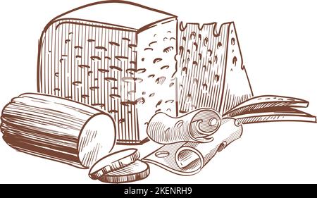 Handgezeichneter Käse. Künstlerische Komposition mit Käse. Die ganze und die Hälfte von maasdam, gouda und Parmesan. Verschiedene Scheiben von landwirtschaftlichen Milchprodukten, Lebensmittel isoliert Stock Vektor