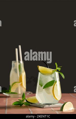 Mojito Cocktail mit Limette und Minze in Highballglas auf grauem Steinhintergrund Copy space Stock Vektor