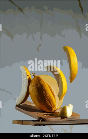 Fliegende frische Melonenscheiben aus Cantaloupe isoliert auf weißem Hintergrund. Stock Vektor