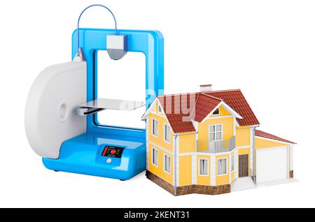 3D Drucker mit Haus, 3D Rendering isoliert auf weißem Hintergrund Stockfoto