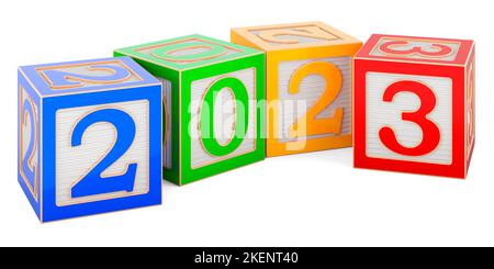 Happy New Year 2023 mit Alphabet Holzblöcke Konzept, 3D Rendering isoliert auf weißem Hintergrund Stockfoto