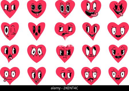 Cartoon emotionale Gesichter rote Herzen. Niedliches Maskottchen Herz, Vintage Emotionen. Liebe und romantische Valentinstag Charaktere, Pop-Art shässliche Vektor-Elemente Stock Vektor