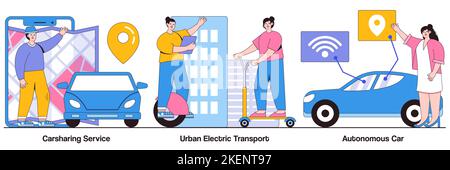 Carsharing-Service, städtischer Elektrotransport, autonomes Autokonzept mit Menschen-Charakteren. Illustrationspaket Stadtverkehr. Mietservice, t Stock Vektor