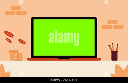 Abbildung eines Laptops mit einem grünen Bildschirm auf dem Desktop Stock Vektor
