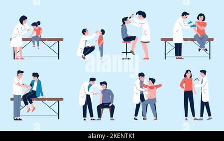 Impfungen und medizinische Kontrollzeiten. Patienten verschiedenen Alters und Ärzte, Injektion Impfstoff. Medizinfiguren, flache Krankenhaus aktuelle Vektorszenen Stock Vektor