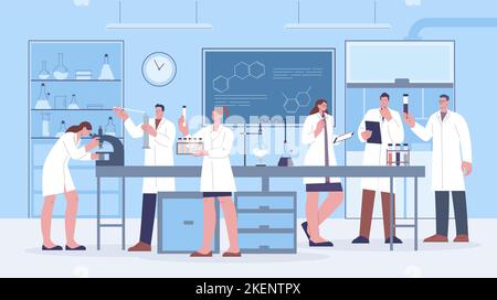 Wissenschaftler Wissenschaft Forschungslabor. Biologie genetische Medizin professionelle Arbeiter. Klinik- und Pharmaforschung. Kicky Chemie Vektor-Zeichen Stock Vektor