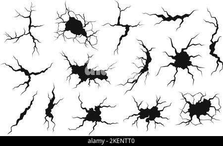 Schwarze trockene Risse, Wand- oder Erdspalten. Crash-Oberfläche, rissige Wüstenlandschaft Elemente. Isoliertes Erdbeben beschädigt Textur, Fissur Boden rassig Vektor Stock Vektor