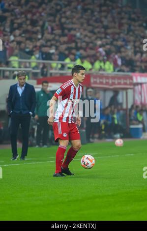 Athen, Lombardei, Griechenland. 13.. November 2022. 10 JAMES RODRÃGUEZ von Olympiacos FC während des Matchday 13, Greek Super League Spiels zwischen Olympiacos FC und AEK FC im Karaiskakis Stadion am 13. November 2022 in Athen, Griechenland. (Bild: © Stefanos Kyriazis/ZUMA Press Wire) Stockfoto