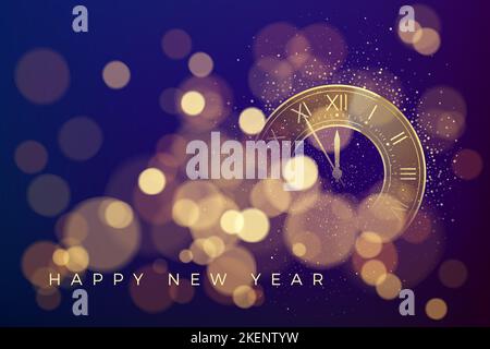 Glückwunschkarte Zum Neuen Jahr. Countdown bis Neujahr auf der Uhr. Leuchtet, funkelt und wirkt Bokeh. Vektorgrafik Stock Vektor