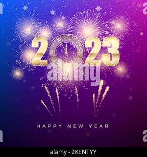 Frohes Neues Jahr 2023. Jahresbanner mit goldenen Zahlen mit Uhr und Feuerwerk. Grußkarten-Text-Design. Vektorgrafik Stock Vektor