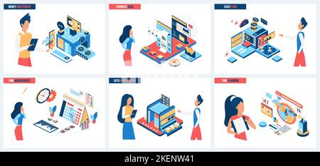 Cashflow-Investitionen und -Geschäfte, Datenmanagement und Zeitplanung als Vektordarstellung. Cartoon kleine Menschen arbeiten mit digitalen Analysesystemen und -Diensten, um den Markt zu analysieren und Geld zu investieren Stock Vektor